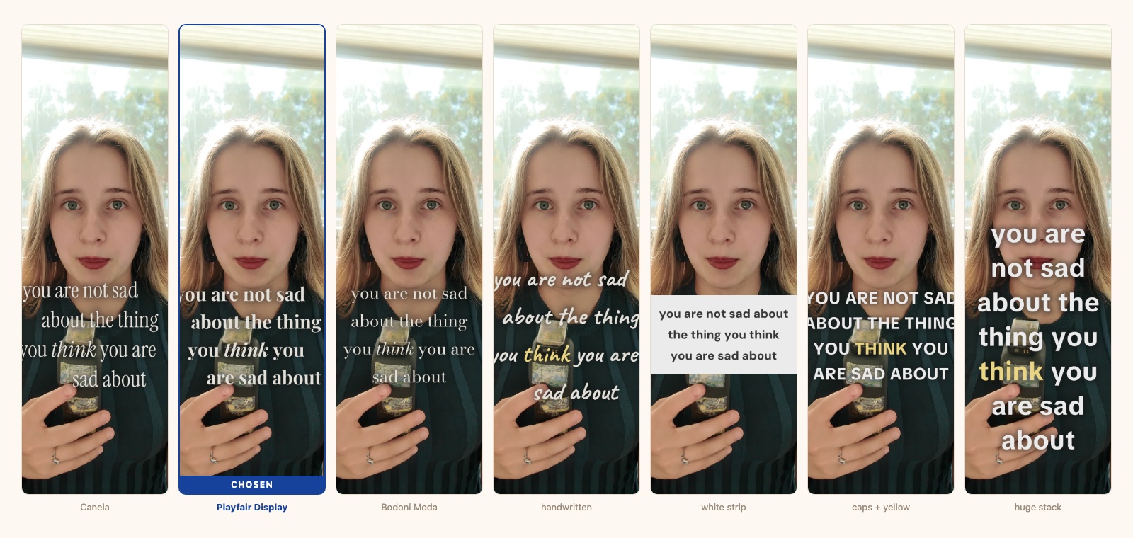 Seven typographic directions rendered over the same video frame, with Playfair Display marked as chosen
