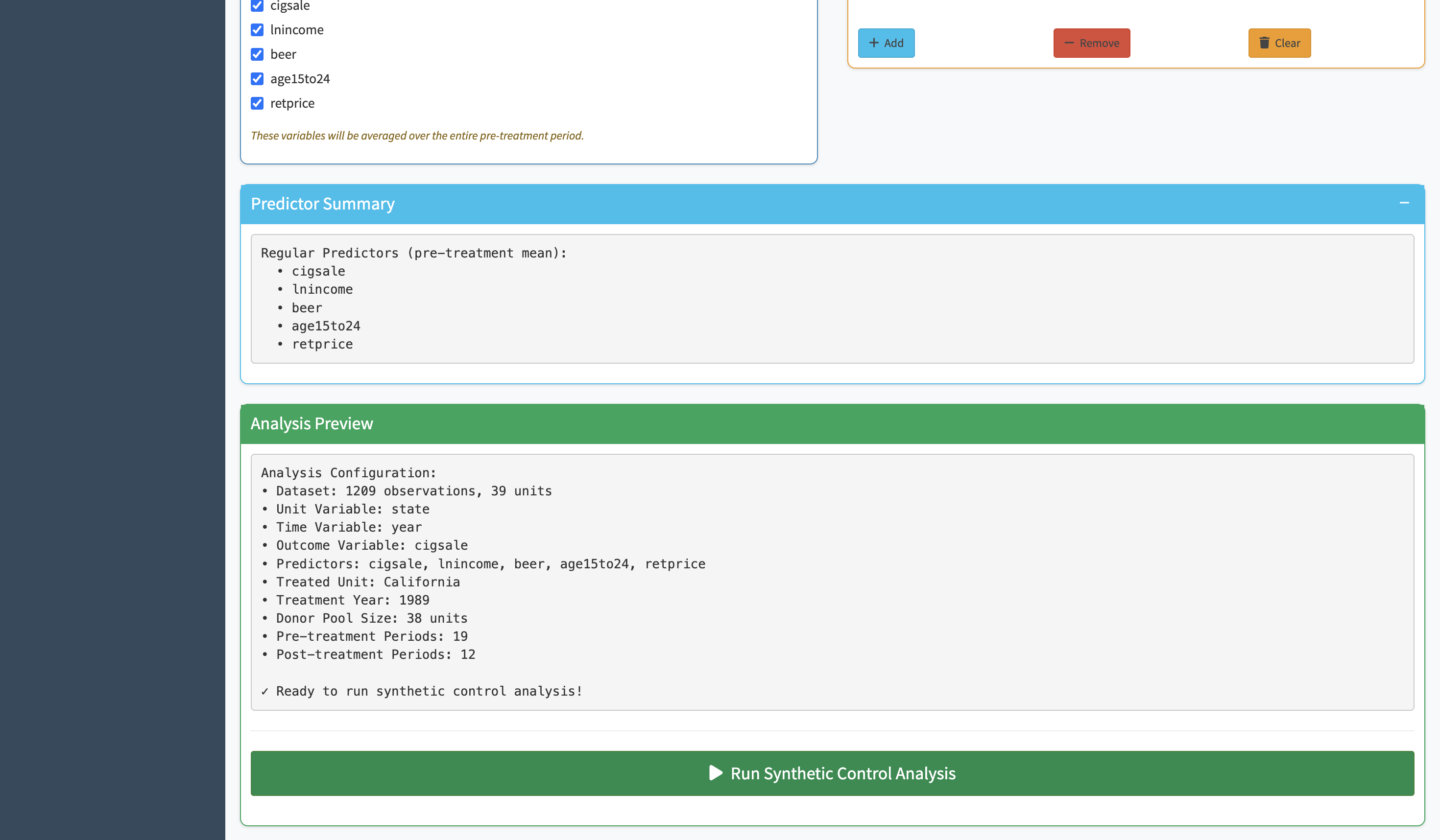 Synth analysis output — the synthetic control plotted against the treated unit