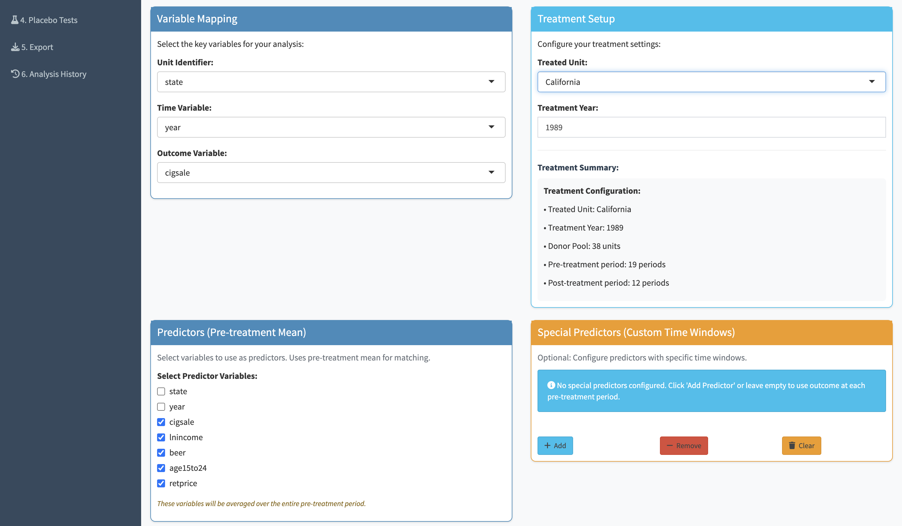 Selecting predictor variables for the synthetic control
