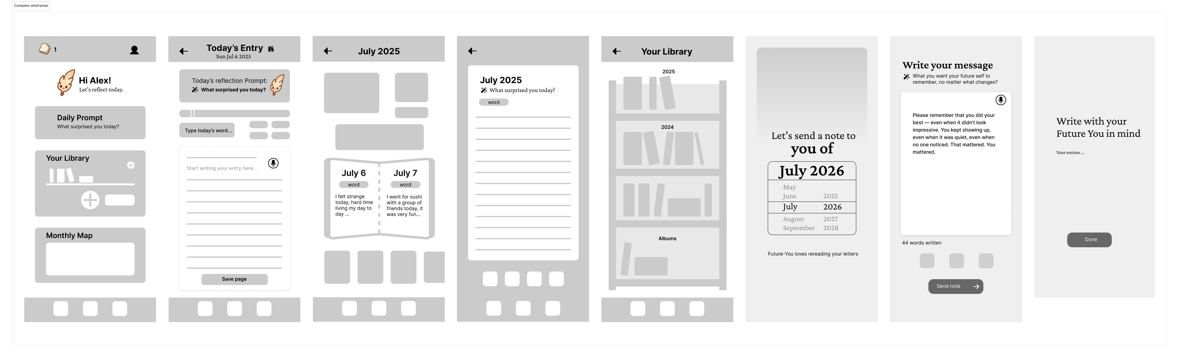 Journal wireframes showing daily flow patterns