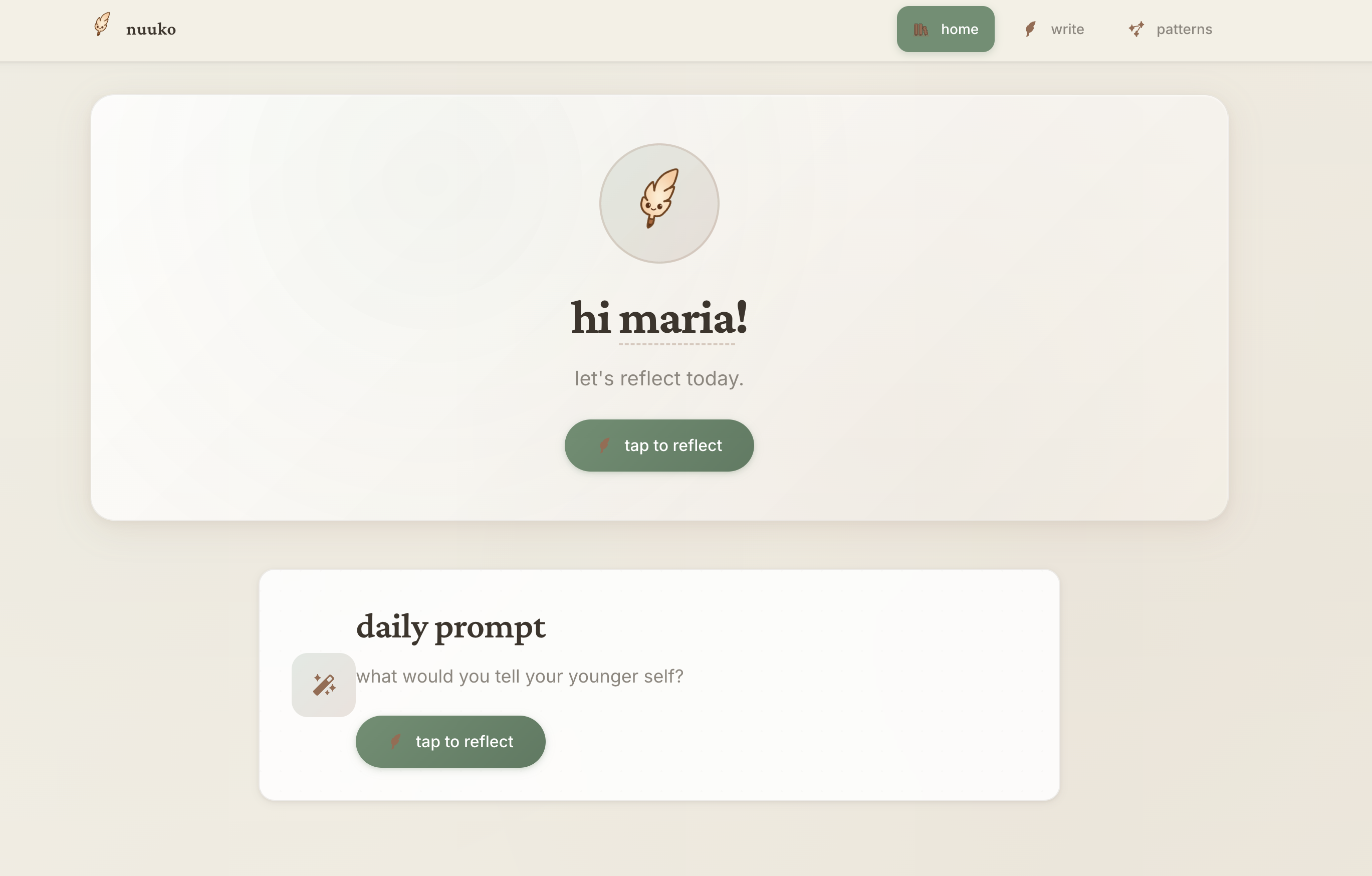Nuuko prototype screenshot showing journaling interface