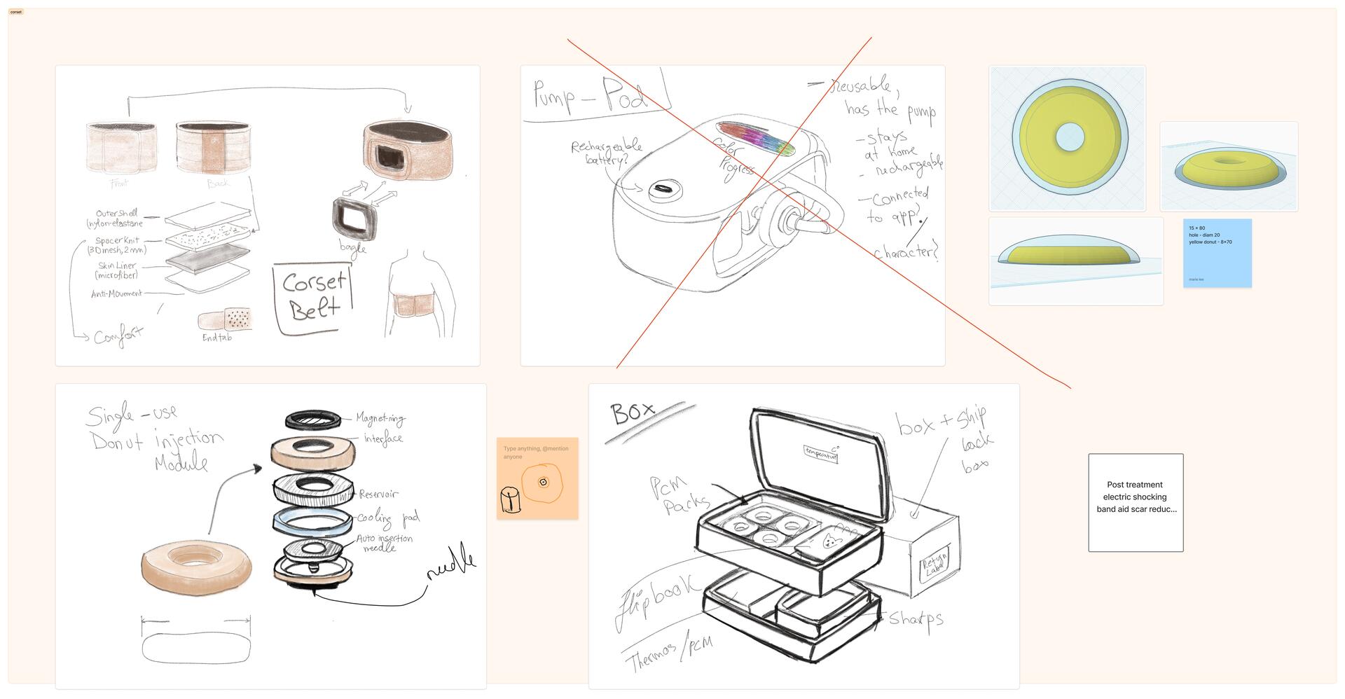 Device-first sketches showing adhesive pain points